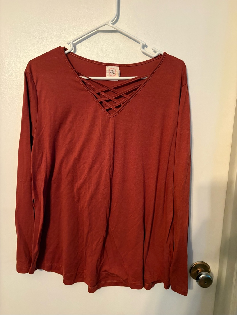 Crisscross V-Neck Long Sleeve Top - Rust